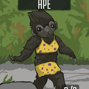 May include: A cartoon illustration of an ape wearing a yellow bikini with purple polka dots. The ape is walking on a gray rock with green foliage in the background. The text "APE" is at the top of the image and "3/3" is at the bottom.
