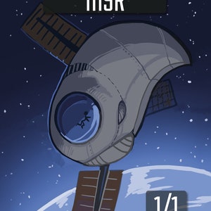 以下が含まれることがあります： 大きな丸い窓のある灰色と茶色の宇宙ステーション。ステーションは惑星を周回しています。画像の上部に「MYR」というテキストがあります。画像の下部に「1/1」というテキストがあります。