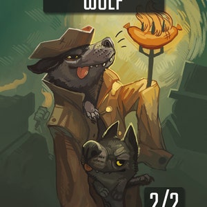 May include: A cartoon illustration of a wolf character holding a smaller wolf character. The larger wolf is wearing a brown coat and a hat. The smaller wolf is peeking out from the coat. The larger wolf is holding a stick with a burning sausage on it. The text "WOLF" is at the top of the image. The text "2/2" is at the bottom of the image.