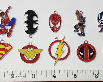 8 Piece Superhero Themed Enamel Charms - Random Mixed Set