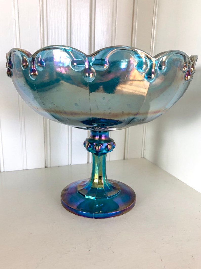Vintage Blue Carnival Glass Pedestal Bowl Indiana Glass Etsy