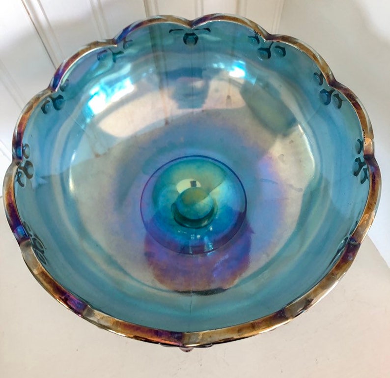 Vintage Blue Carnival Glass Pedestal Bowl Indiana Glass Etsy