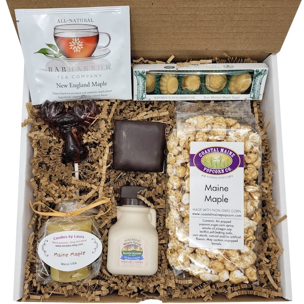 Maine Maple Sampler Box - Syrup, Chocolate, Popcorn, Tea and more - Gift set for Valentines, Mothers Day or Christmas gifts