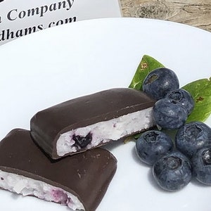 Wild Maine Blueberry Needhams - Gourmet Chocolate Coconut Candy Bars with real Blueberries great for Valentines Day or Mothers Day