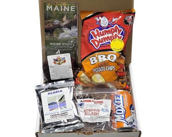 Military Soldier Care Package Gift Box - Chocolate Whoopie Pie, Moxie, Beef Jerky, Humpty Dumpty Chips and Acadia Coffee - Gift Set