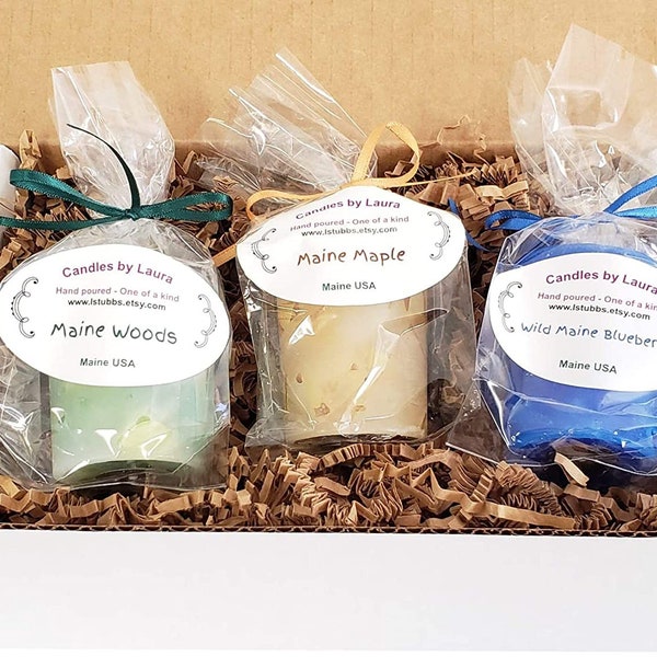 Maine Candle 3 Pack - Votive size - Wild Blueberry, Maine Maple and Maine Woods (Pine) - Great gift for Baby Shower, Wedding or Mothers Day
