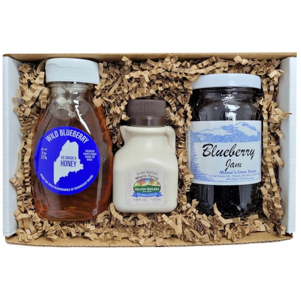 Maine Holiday 3 Pack Sampler Box - Blueberry Honey, Blueberry Jam and Maple Syrup - Gift set for Valentines, Mothers Day or Christmas gifts