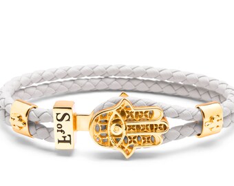 Hamsa Hand Fatima Bracelet Gold with White Leather (free shipping)