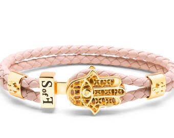Hamsa Hand Fatima Bracelet Gold with Pink Leather (free shipping)