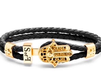 Hamsa Hand Fatima Bracelet Gold with Black Leather (free shipping)
