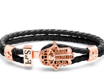 Hamsa Hand Fatima Bracelet Rose Gold with Black Leather (free shipping)