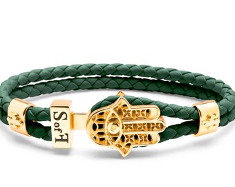 Hamsa Hand Fatima Bracelet Gold with Green Leather (free shipping)