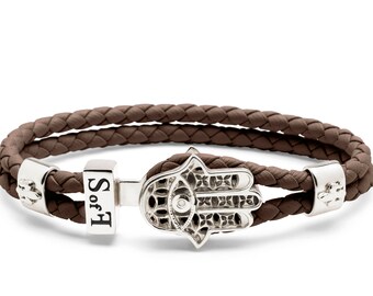 Hamsa Hand Fatima Bracelet Silver with Brown Leather (free shipping)