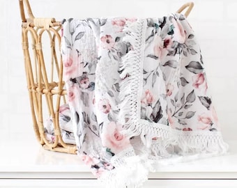 Pink Roses Muslin Swaddle Blanket: Organic Baby Blanket with Fringe