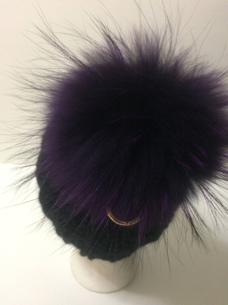 Mohair Black Pom pom Hat With Fleece Lining. Removable LargePurple Genuine Raccoon Fur Pom Pom,Pom Can Be Used as Keychain Bag Charm