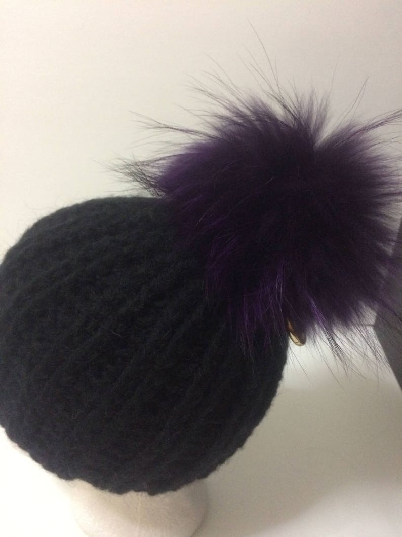 Mohair Black Pom pom Hat With Fleece Lining. Removable LargePurple Genuine Raccoon Fur Pom Pom,Pom Can Be Used as Keychain Bag Charm
