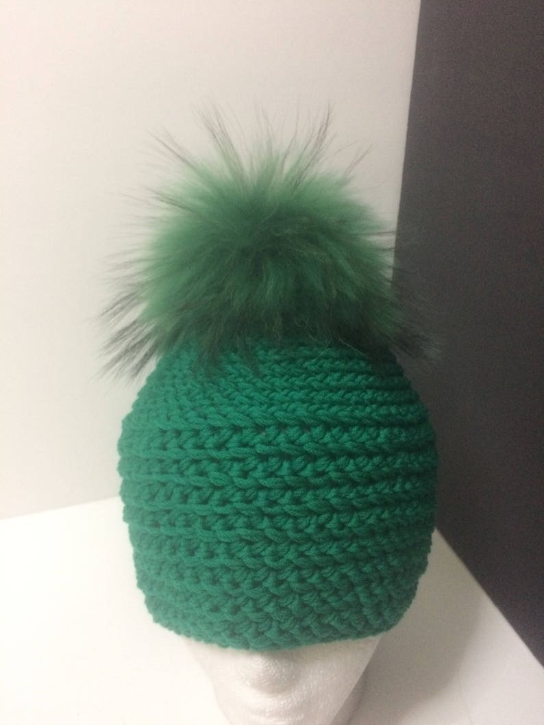 handmade. 100/% Pure Merino Wool Large Pom pom Beanie Green with large Real Genuine Raccoon Fur Pom Pom and cozy fleece lining