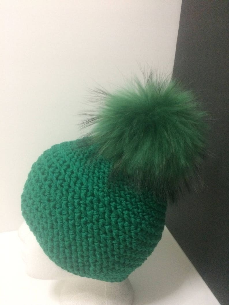 handmade. 100/% Pure Merino Wool Large Pom pom Beanie Green with large Real Genuine Raccoon Fur Pom Pom and cozy fleece lining