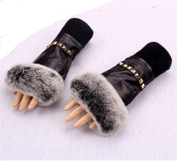 fingerless leather gloves with fur