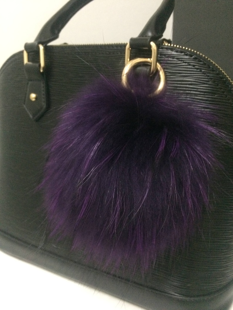 Mohair Black Pom pom Hat With Fleece Lining. Removable LargePurple Genuine Raccoon Fur Pom Pom,Pom Can Be Used as Keychain Bag Charm