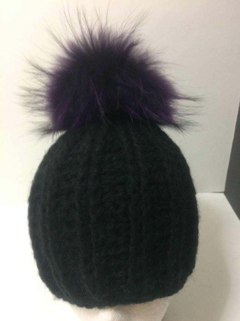 Mohair Black Pom pom Hat With Fleece Lining. Removable LargePurple Genuine Raccoon Fur Pom Pom,Pom Can Be Used as Keychain Bag Charm