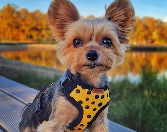 Small Dog Step-In Harness Adjustable, Puppy Harness Yorkie Chihuahua, Yellow Polka Dot Handmade