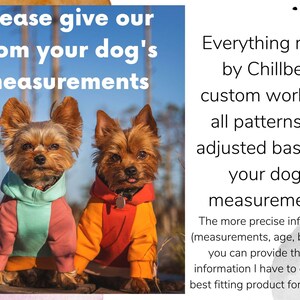 Products made by Chillbe are custom work and patterns are adjusted based on the information provided.

For the best fit leave information about the dog:
Breed, age, weight, and measurements (neck and chest circumference, length of the back) in a box below.