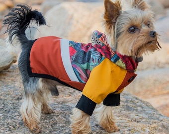 Water and Wind resistant coat for Small Dogs made from softshell material with floral print and reflective stripes, Puppy coat, XXS dog coat