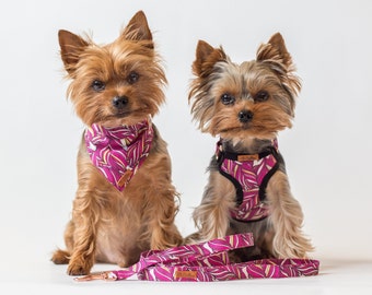 Adjustable teacup dog harness, leash, collar, bandana with lilac abstract print, Small dog harness, Tiny dog harness, XXS dog harness