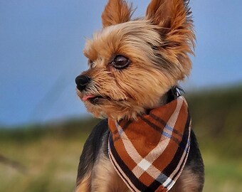 Brown plaid dog bandana, Over the collar tea cup puppy bandana, Small dog bandana, Gift for a dog, Cotton dog bandana, Yorkie puppy gift