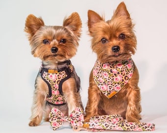 Adjustable teacup dog harness, leash, collar, bandana with leopard and rose print, Small dog harness, Tiny dog harness, XXS dog harness