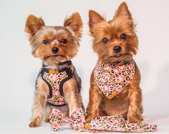 Teacup Hundegeschirr Maßanfertigung XXS, Verstellbares Baumwollgeschirr für Kleine Hunde, Yorkie Chihuahua Welpe, Leoparden Rosen Print