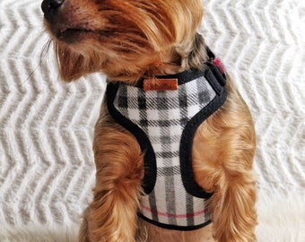 Plaid Cotton flannel teacup dog harness, Small XXS yorkie harness, Custom handmade adjustable tiny puppy harness, Cute XS grey dog harness