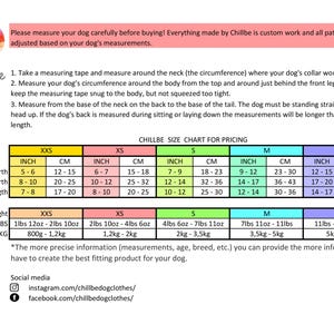 May include: A size chart for dog clothes in inches and centimetres. The chart includes neck girth, chest girth, back length, and weight in pounds and kilograms. The chart is colour-coded by size: XXS (yellow), XS (green), S (light blue), M (light purple), and L (pink). The chart also includes social media links for Instagram and Facebook.