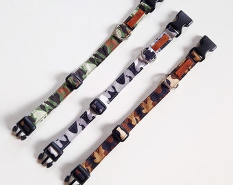 Adjustable Small Dog Collar made from Camouflage print cotton fabric, Teacup Dog Collar, Puppy Collar