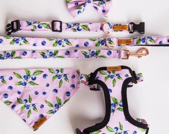 Blueberry Dog Harness Set, Adjustable Teacup Harness for Yorkie Chihuahua, Matching Collar Leash Bandana