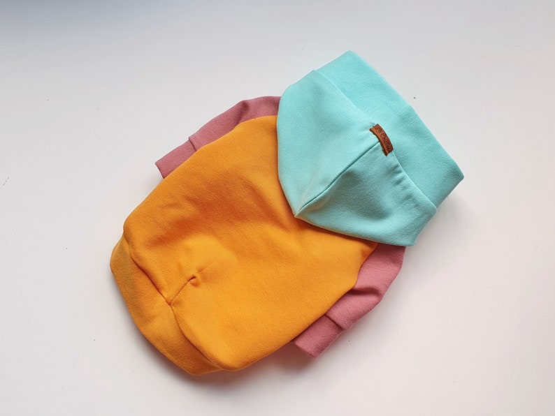 Color-block dog hoodie in mint, mustard yellow, and dusty pink. Handmade from soft cotton French Terry for teacup, small dogs, and puppies. Cozy, stylish, and lightweight pet sweater with custom fit. Perfect for chilly walks and everyday wear. Custom-made to fit different dog breeds like Yorkies, Chihuahuas, and Toy Poodles. High-quality craftsmanship with durable stitching.