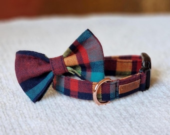 Blue Plaid Dog Collar and BowTie for Small Dogs, Teacup Puppy Collar, Yorkie Accessories, Cute Pet Gift, Handmade by Chillbe