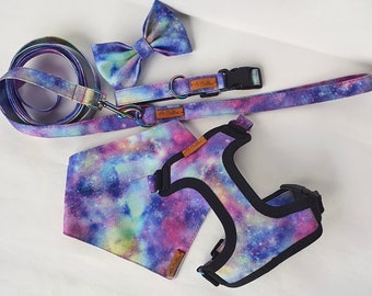 Tie Dye Galaxy Dog Harness Set: Adjustable Teacup Puppy Harness, Leash, Collar & Bandana