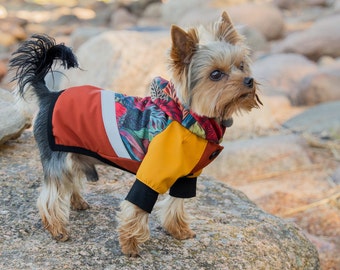 Water and Wind resistant coat for Small Dogs made from softshell material with floral print and reflective stripes