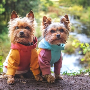 Color-block dog hoodie in mint, mustard yellow, and dusty pink. Handmade from soft cotton French Terry for teacup, small dogs, and puppies. Cozy, stylish, and lightweight pet sweater with custom fit. Perfect for chilly walks and everyday wear. Custom-made to fit different dog breeds like Yorkies, Chihuahuas, and Toy Poodles. High-quality craftsmanship with durable stitching.