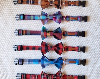 Plaid Dog Collar and Bow Tie for Small Dogs, Teacup Puppy Collar, Yorkie Accessories, Cute Pet Gift, Handmade by Chillbe