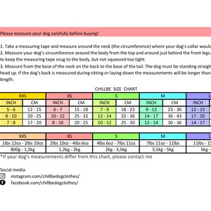 Dog hoodie size chart for teacup and small dogs. XXS: Neck 5-6” (12-15cm), Chest 8-10” (20-25cm), Back 7-8” (17-20cm), 1lb 12oz-2lb 10oz (800g-1.2kg). XS: 6-7” (15-18cm), 10-12” (25-32cm), 8-10” (20-25cm), 2lb 10oz-4lb 6oz (1.2kg-2kg). S, M, L sizes available. 
Neck: Measure around where the collar sits.
Chest: Measure the widest part, just behind the front legs.
Back Length: Measure from the base of the neck to the base of the tail.