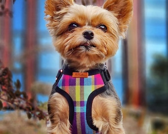 Purple Plaid Teacup Dog Harness – Adjustable XXS Step-In Harness for Tiny Dogs, Yorkies & Chihuahuas