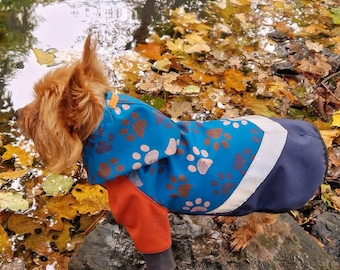 Water and Wind resistant coat for Small Dogs made from softshell material with paw print and reflective stripes, puppy raincoat, teacup dog