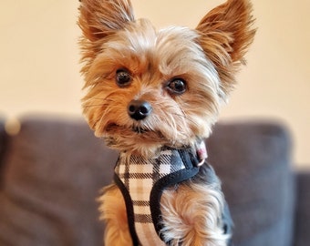 Plaid Cotton flannel teacup dog harness, Small XXS yorkie harness, Custom handmade adjustable tiny puppy harness, Cute XS beige dog harness