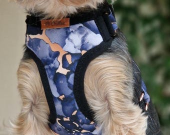 Small Dog Harness for Teacup & Tiny Dogs | Adjustable Lightweight Soft Padded XXS Yorkie Harness Abstract Blue Water-Repellent