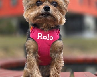 Personalized Teacup Dog Harness | Custom Name Small Dog Harness | Adjustable Neon Pink Harness for Yorkie Chihuahua