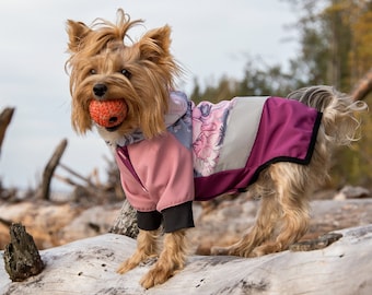 Water and Wind resistant coat for Small Dogs made from pink softshell material with flower print and reflective stripes