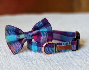 Purple Plaid Teacup Dog Collar with Bow Tie, XXS Small Dog Collar for Yorkie Chihuahua